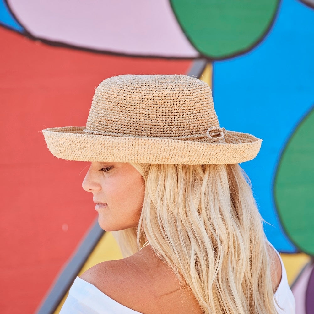 Hand-Crocheted Raffia Hat with Braided Trim